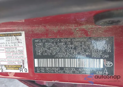 2005 Toyota Corolla Le z USA, uszkodzony, nr VIN JTDBR32E252066098